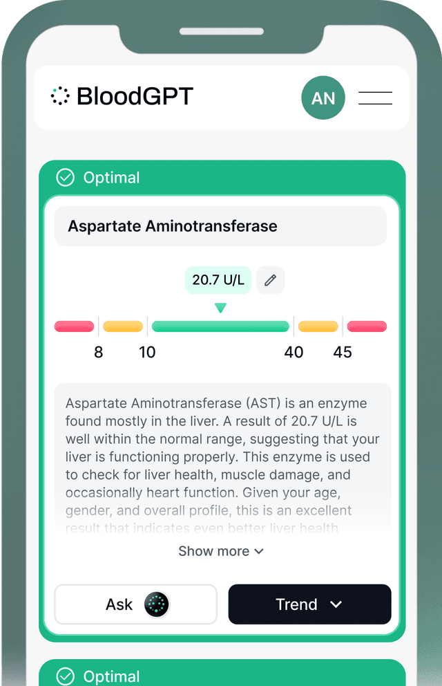 Vitrubo mobile app interface showing blood test analysis and health insights on iPhone