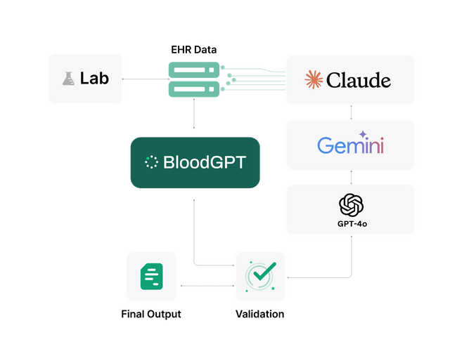 Vitrubo multi-agent AI system architecture diagram showing specialized LLMs for medical-grade blood test analysis