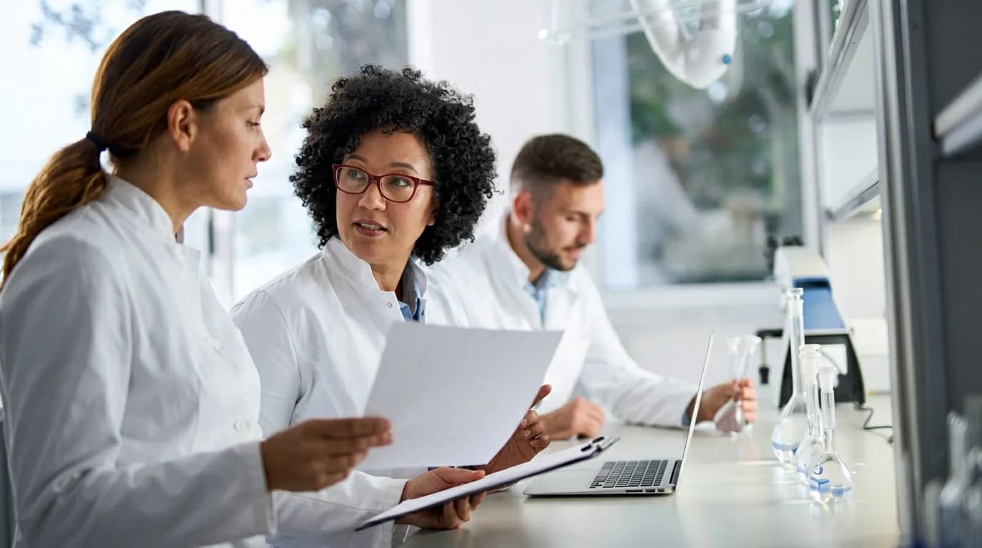 Lab scientists reviewing a result together at the bench
