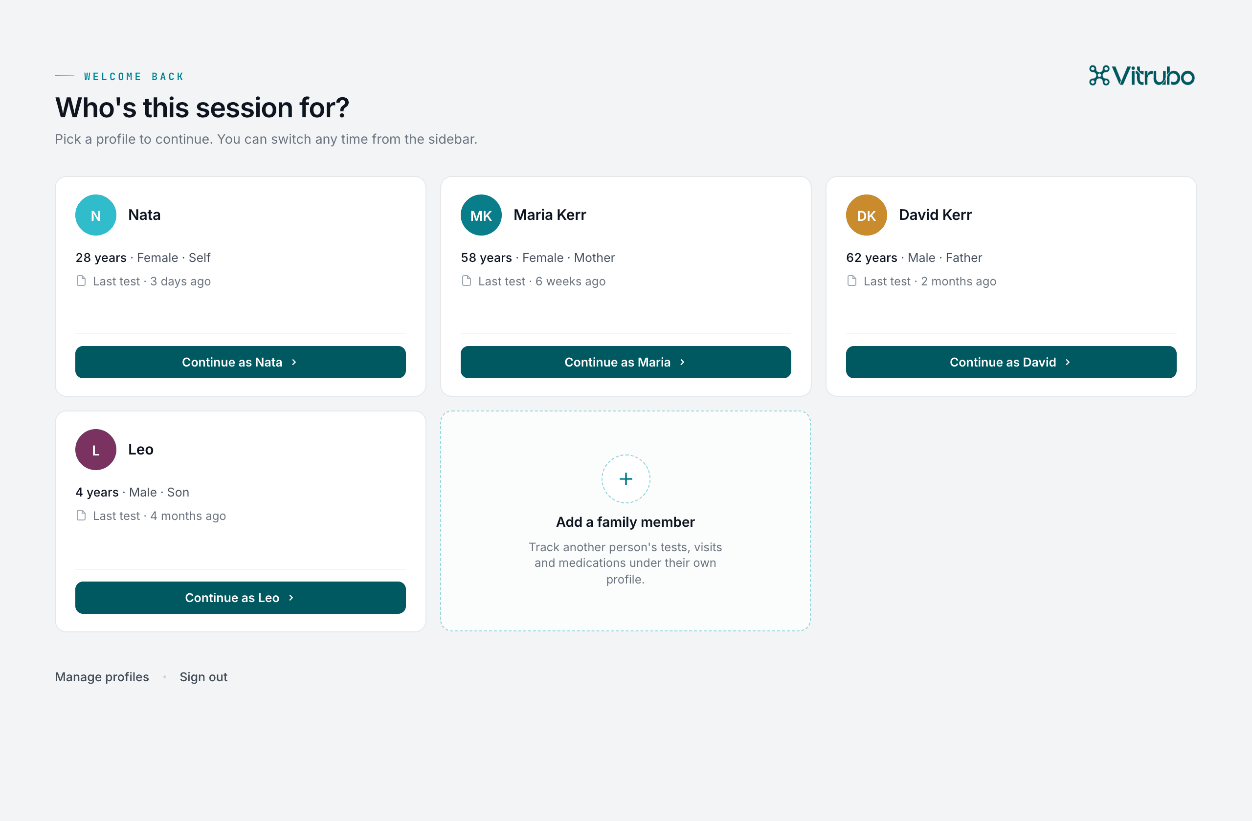 Family profiles — one account, separate records